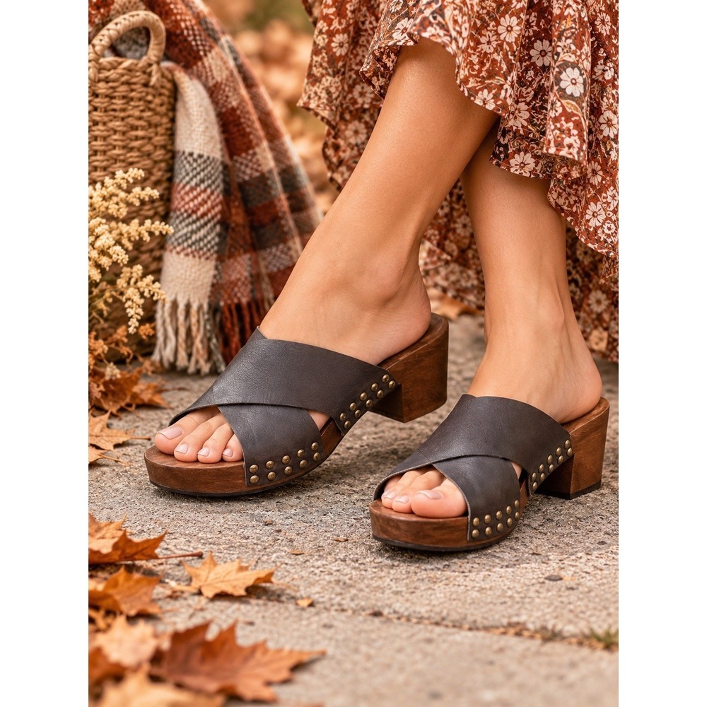 Free People Mallory Platform Sandal Brown Leather Studded Cross Strap Block Heel